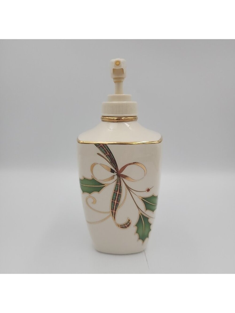 VTG Lenox Holiday Nouveau Ceramic Soap Dispenser Gold Trim Holly Christmas